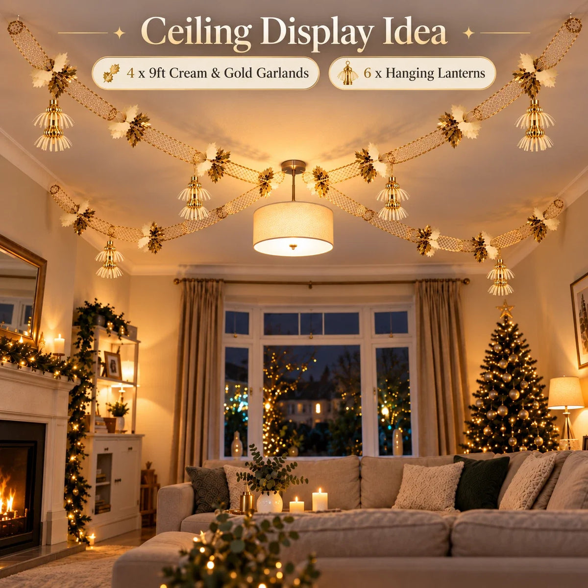 LaserTek cream and gold foil Christmas garlands and ceiling decorations – product view 2