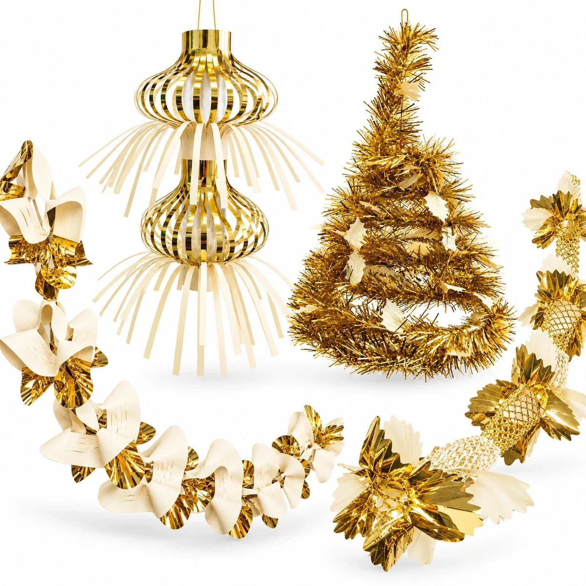 Cream and gold LaserTek foil Christmas ceiling decorations, garlands and hanging ornaments