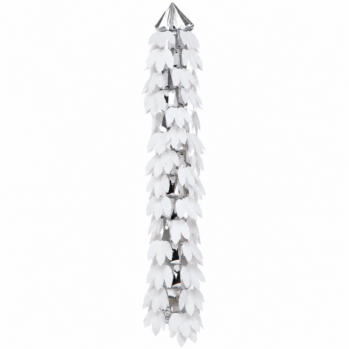 LaserTek silver and white foil Christmas leaf decoration arranged as a straight hanging strand