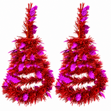 Two red and purple hanging foil Christmas trees
