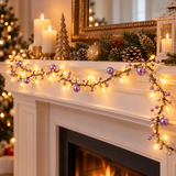 Lilac and white pearl warm white LED garland displayed across a festive fireplace mantel