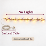Size guide showing 2m lit length and 3m lead cable for the lilac and white pearl LED garland