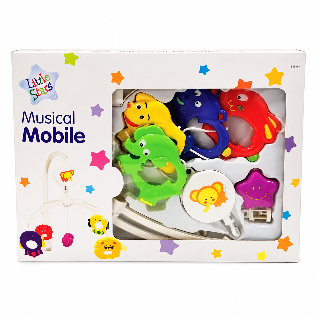 Little Stars musical baby cot mobile boxed with colourful animal characters, musical unit and cot fitting components