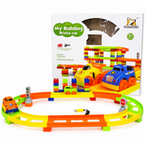 PlayPlay My Building Bricks Car racing track toy for ages 3 plus with colourful loop track, toy cars, traffic light, road sign and box