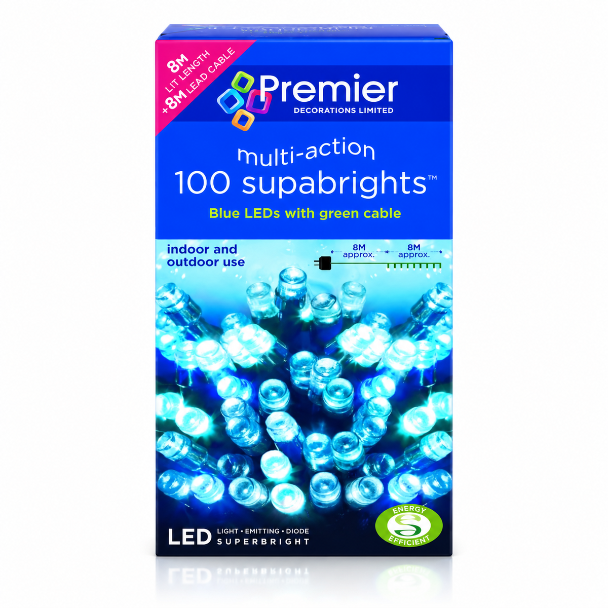 Premier 100 blue LED Supabrights multi-action Christmas lights retail box
