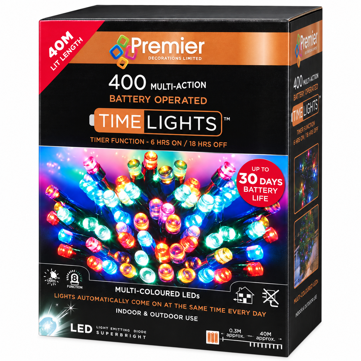 Premier 400 Multi-Coloured Battery LED Christmas Lights with Timer