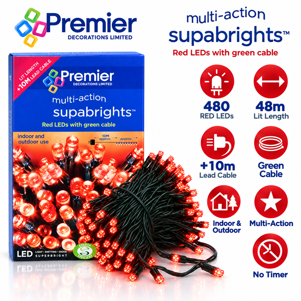 Premier 480 red LED Supabrights features including 48m lit length, 10m lead cable and green cable