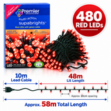 Premier 480 red LED Supabrights length guide showing 48m lit length and 10m lead cable
