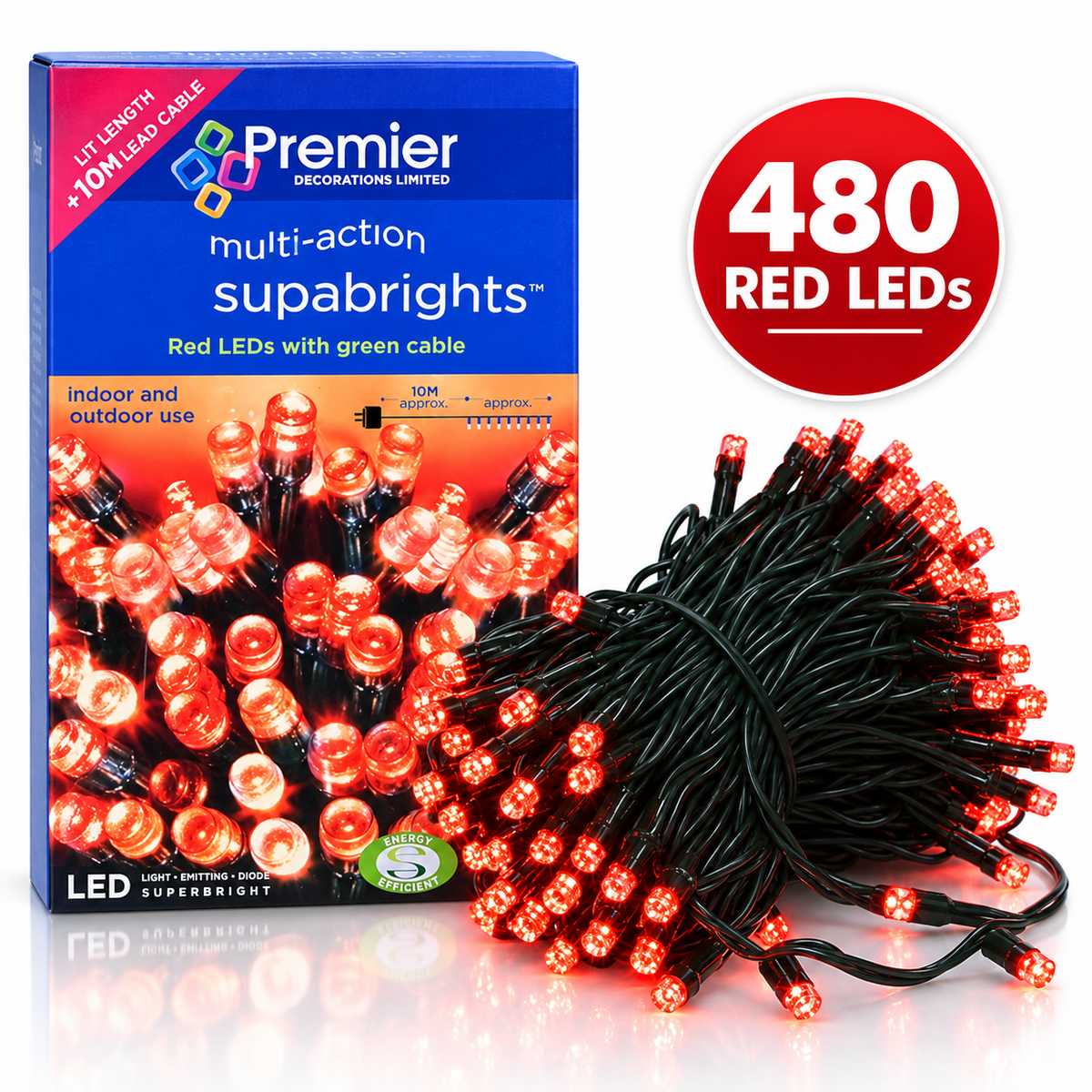 Premier 480 red LED Supabrights Christmas lights with retail box and green cable