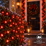 Premier 480 red LED Supabrights decorating an outdoor Christmas entrance