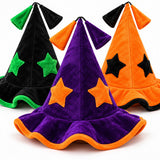 Close-up detail of plush Halloween witch hats for children, contrasting stars and soft coloured trim
