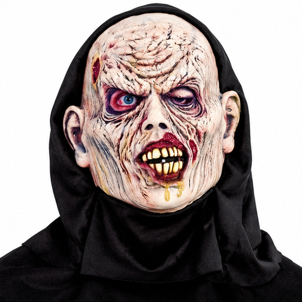 Putrid zombie Halloween full face rubber mask with attached black hood on white background