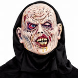 Putrid zombie Halloween full face rubber mask with attached black hood on white background
