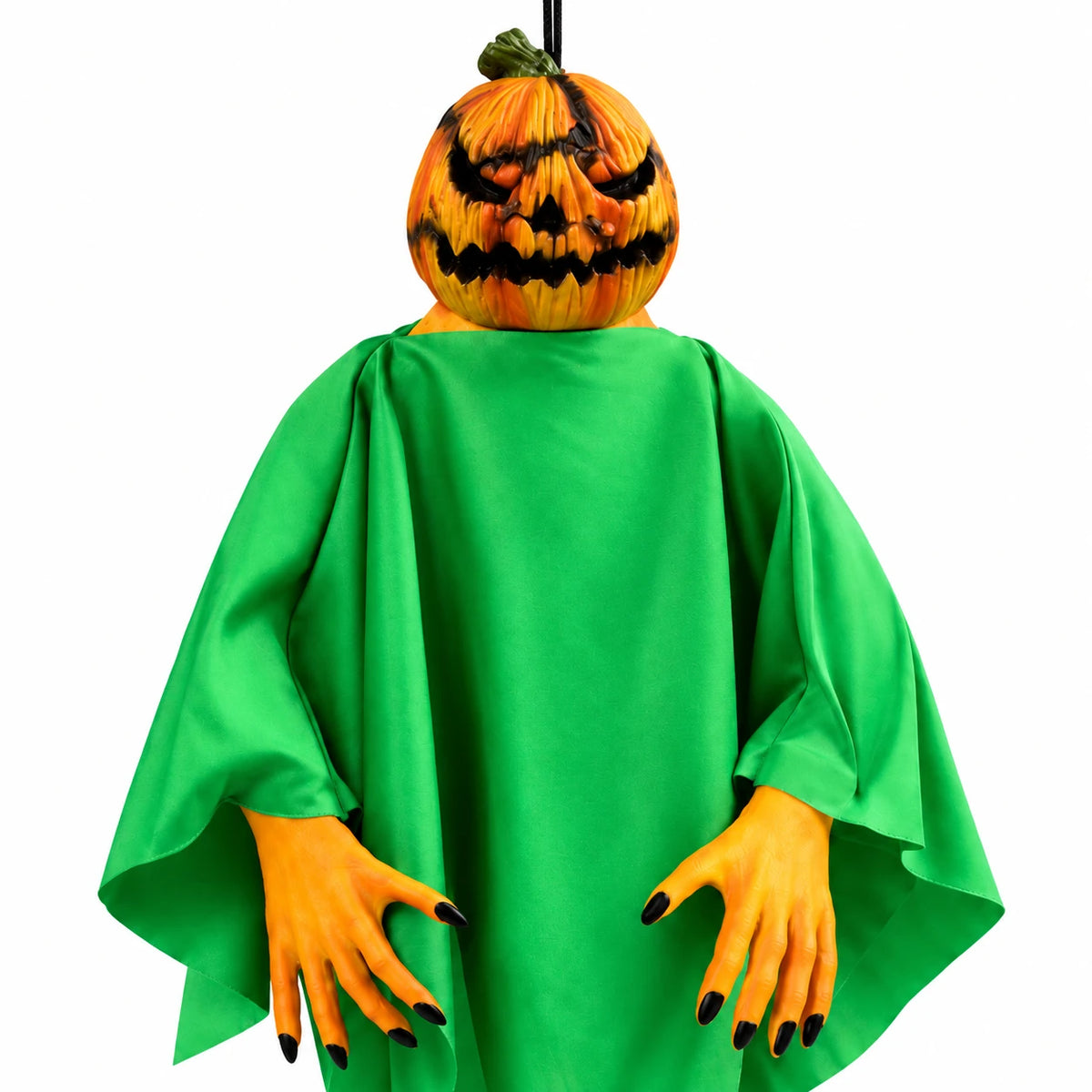 Close-up of evil pumpkin ghost hanging decoration with carved pumpkin face and black claw nails
