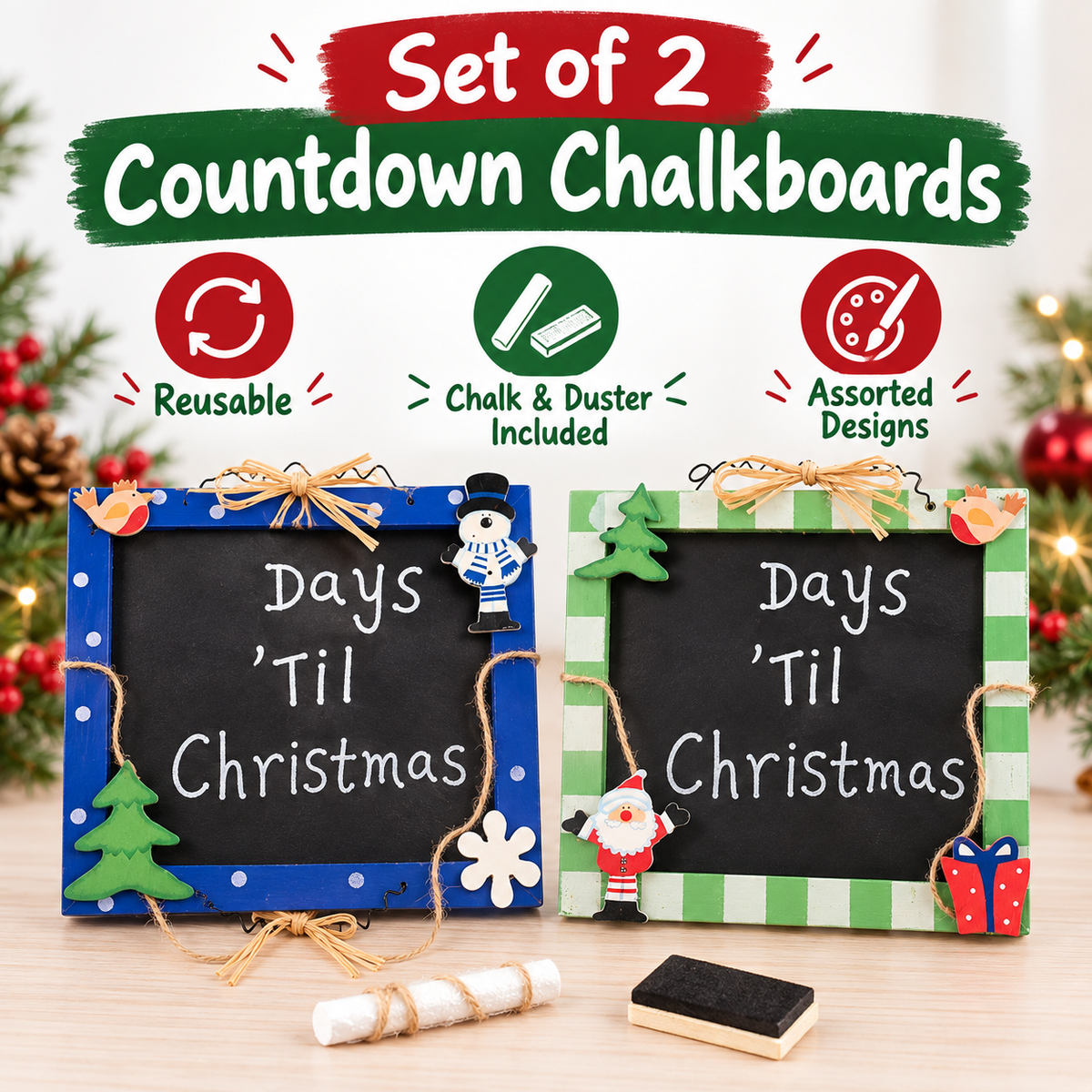 Set of two reusable Christmas countdown chalkboards with chalk and duster