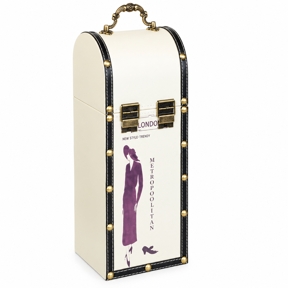 Vintage London Metropolitan cream wine bottle gift carrier box with black trim, antique gold fittings, ornate handle and purple fashion illustration