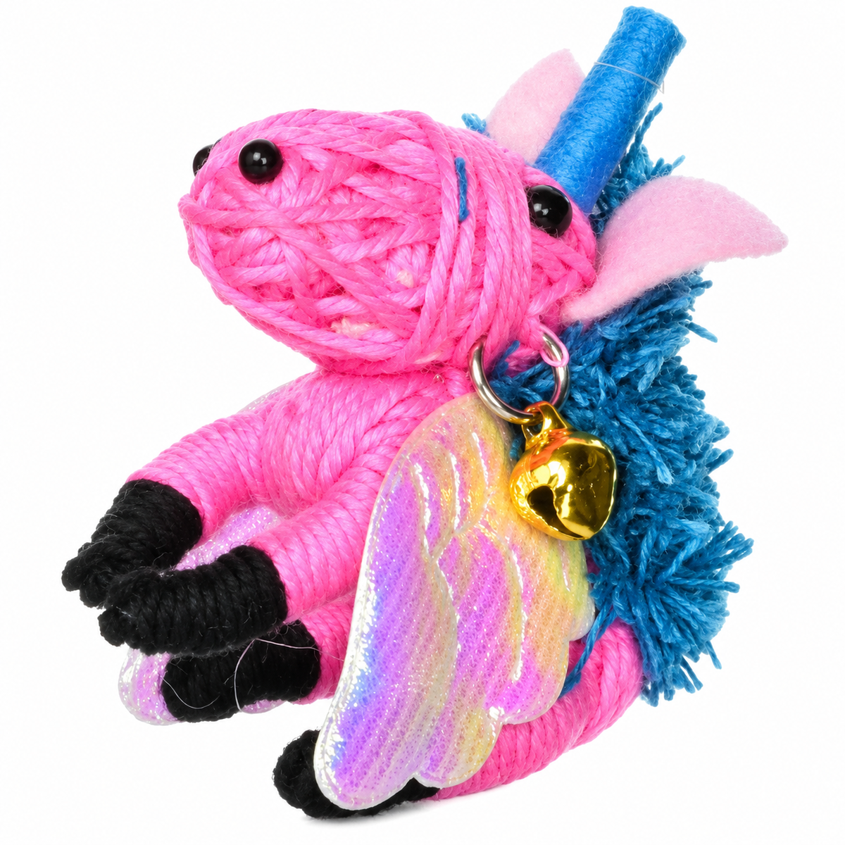 Watchover Voodoo unicorn keyring pink and blue string doll with iridescent wing, gold bell and black hooves