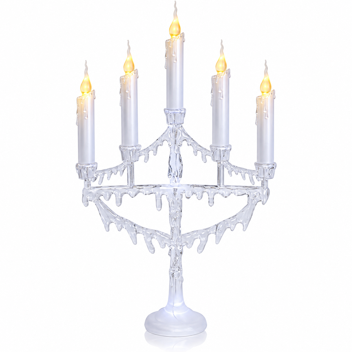 White five-candle flickering LED Christmas candelabra front view