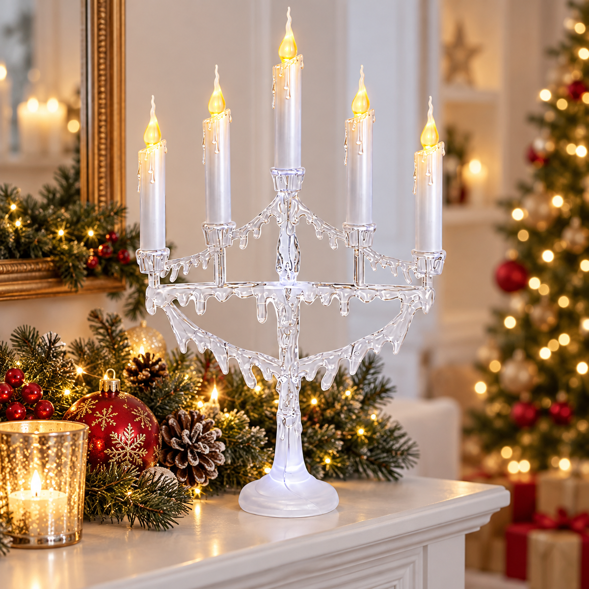 White five-candle LED Christmas candelabra angled view