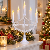 White five-candle LED Christmas candelabra angled view