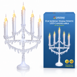 White five-candle LED Christmas candelabra in a festive home display