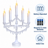 White five-candle LED Christmas candelabra on a festive mantel