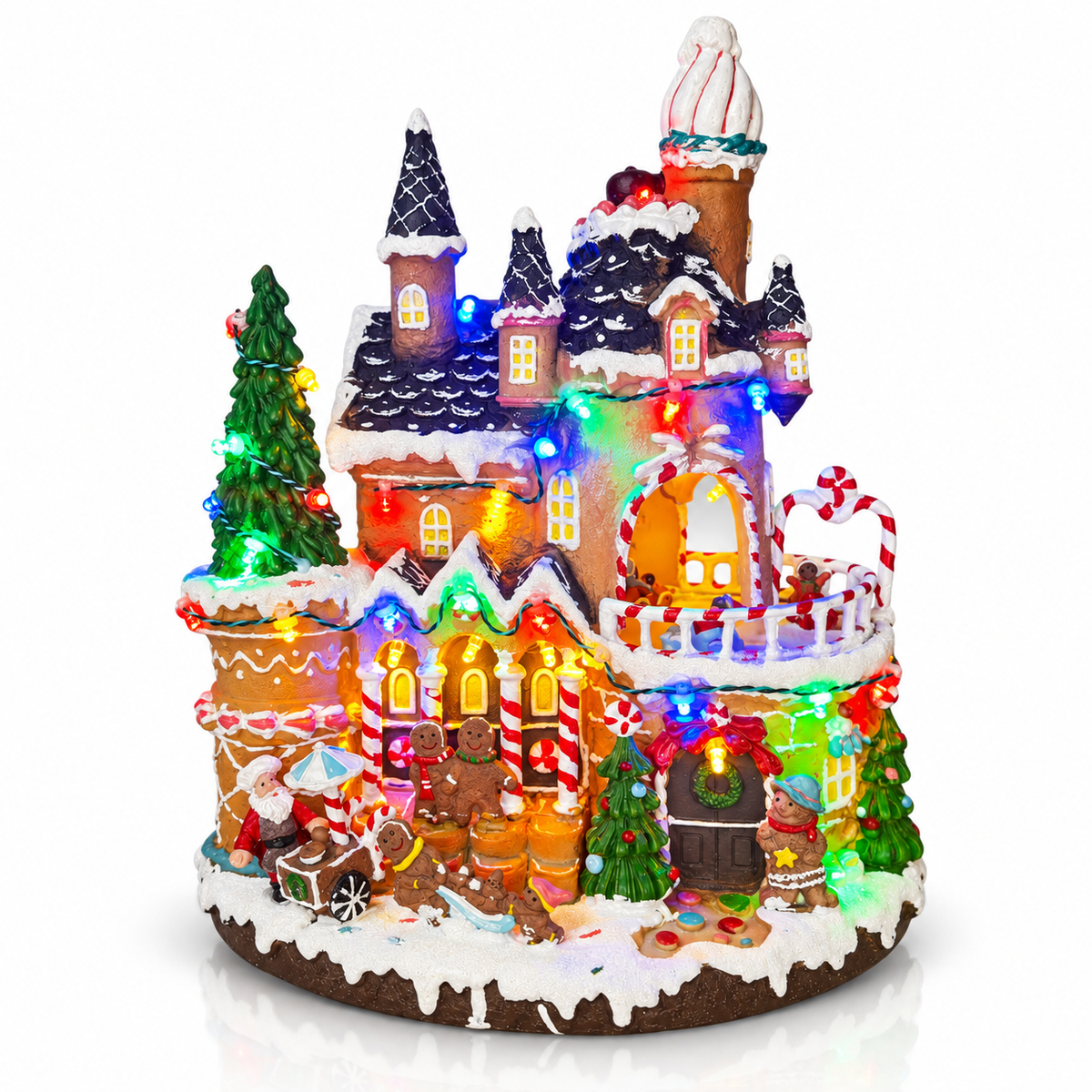 Widdop 30cm LED gingerbread house with rotating characters front view