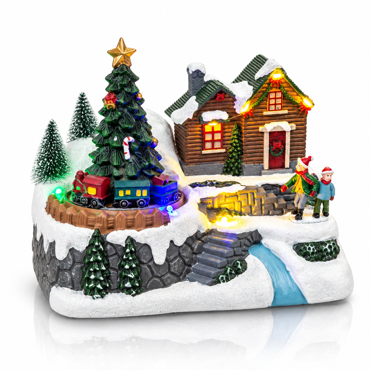 Widdop XM6602 musical snowy Christmas village with moving train front view