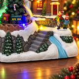 Snowy village skating and stream scene on Widdop XM6602 Christmas decoration