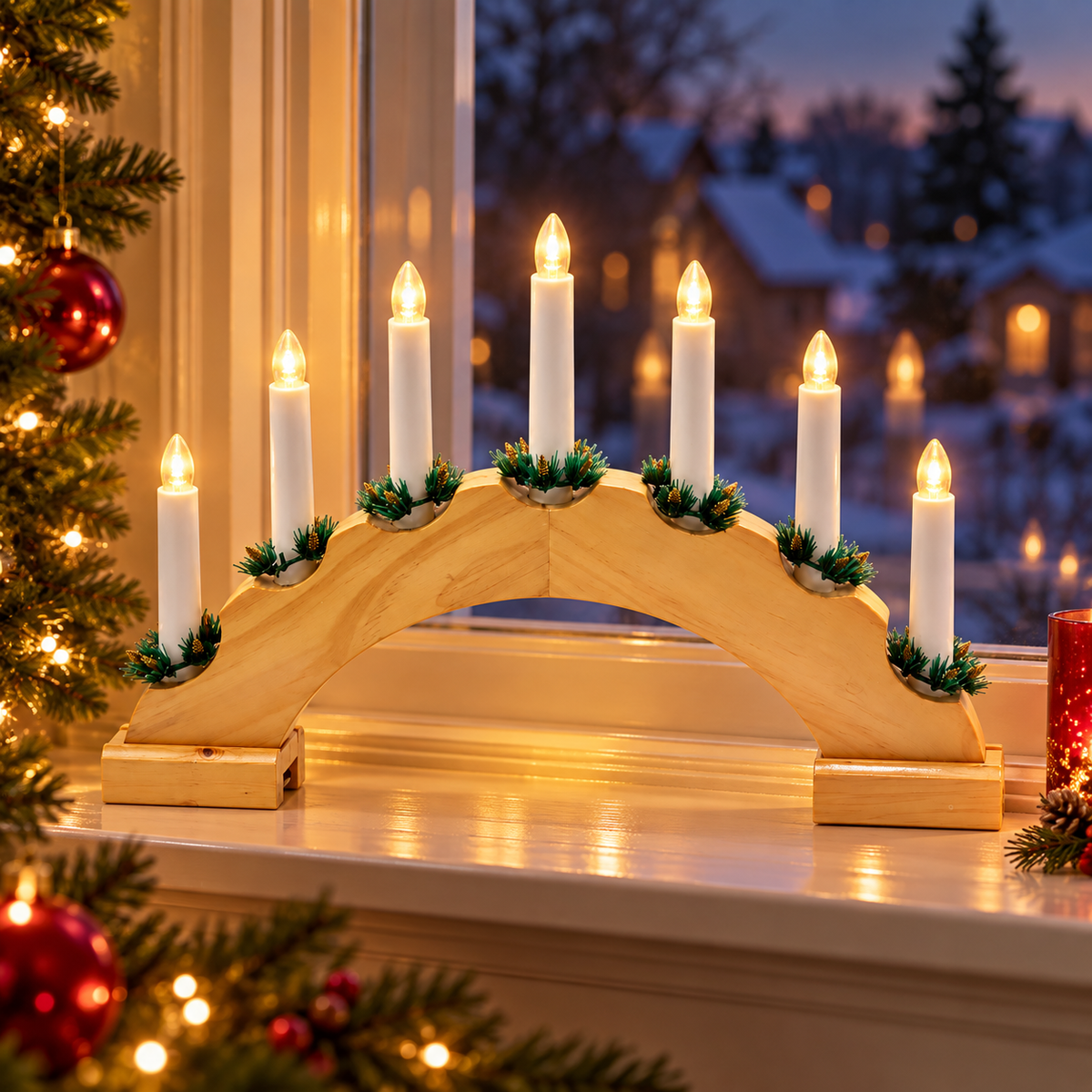 Wooden Christmas candle bridge glowing with 7 warm white LEDs on a festive windowsill
