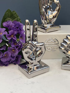 Set of Silver Hand Sculptures, Mirrored Victory Sculpture, Ok Hand