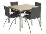 Actona Que light ash dining table with four black leather chairs