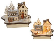 22cm wooden LED winter village Christmas scene with warm white lights