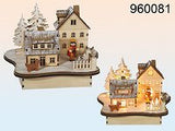 Natural wood Christmas village scene with eight warm white LEDs
