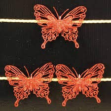 Pack of three red glitter clip-on butterfly Christmas tree decorations 12cm