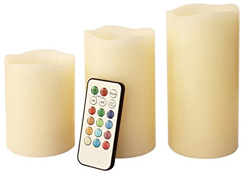 Set of three colour-changing flameless LED candles with remote