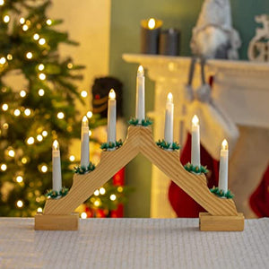 Wooden Christmas Candle Bridge / Pine Wood Finish / 7 Warm White LED Lights / Christmas Lights & Decorations / Battery Powered