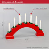Red wooden Christmas candle bridge with seven warm white LEDs