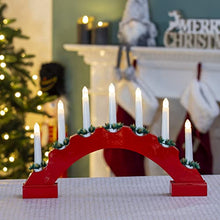 Load image into Gallery viewer, Red Arched Wooden Candle Bridge / 7 Warm White LEDs / Indoor Christmas Decoration / Battery Operated
