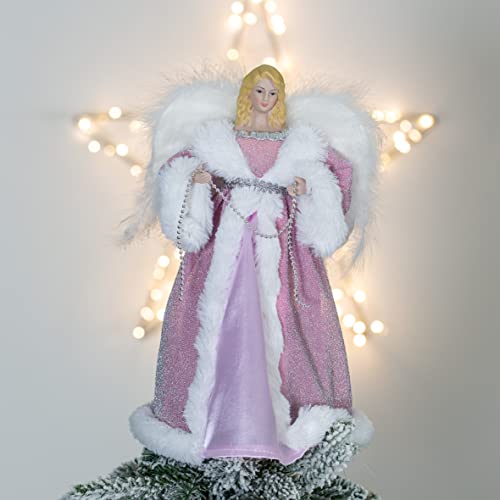 30cm pink and white angel Christmas tree topper with feathered wings