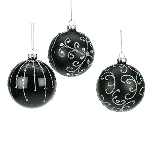 Set of 3 Black Glass Christmas Baubles (8cm)