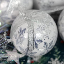 Load image into Gallery viewer, Set of 14 Christmas Baubles Gift Boxed Christmas Tree Decorations / 7.5cm Diameter Baubles (White &amp; Silver Snowflake)
