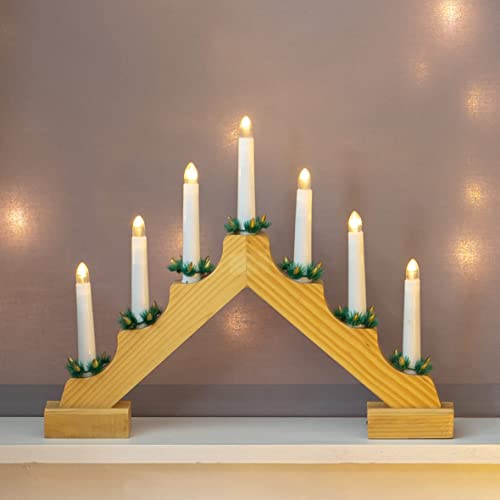 Pine effect wooden Christmas candle bridge with 7 LED lights