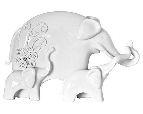 White elephant family sculpture with two young