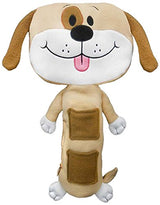 Dog character plush attached to vehicle seatbelt