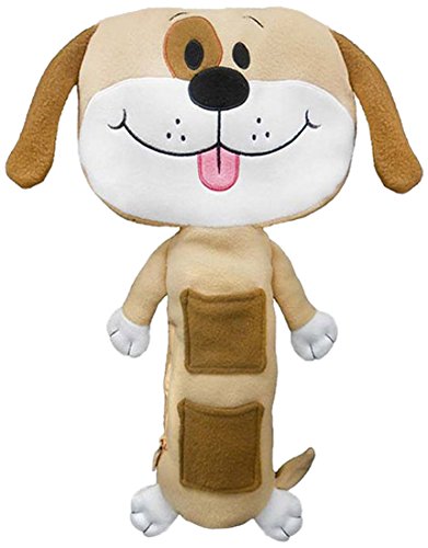 Dog character plush attached to vehicle seatbelt