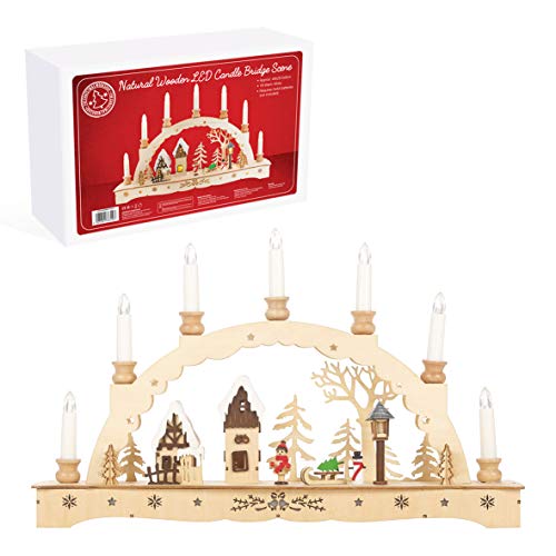 Pine-effect wooden Christmas candle bridge with festive scene