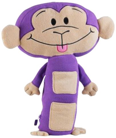 Monkey character plush attached to vehicle seatbelt