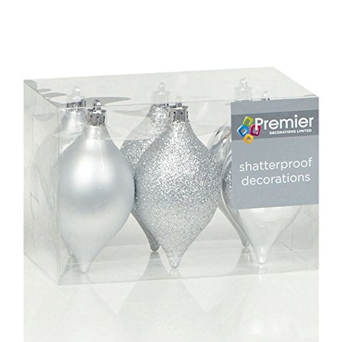 Set of 6 silver shatterproof minaret Christmas tree decorations 9.5cm