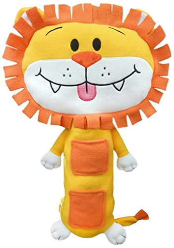 Lion character plush attached to vehicle seatbelt